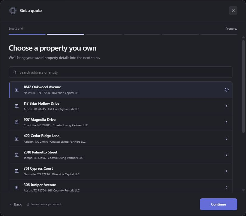 Actual Xoan quote wizard selecting 1842 Oakwood Avenue from the 12-property sample portfolio.